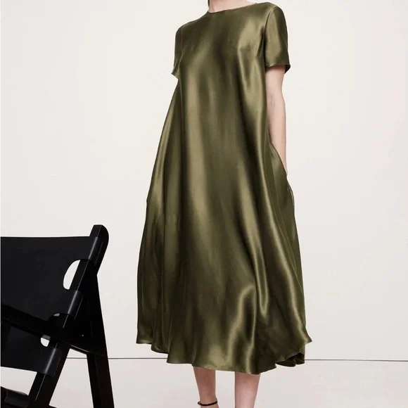 Banana Republic Aurelia Italian Satin Trapeze Dress in olive green size XL - Picture 1 of 5